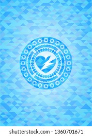 broken heart icon inside sky blue emblem. Mosaic background