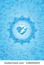 broken heart icon inside sky blue emblem with triangle mosaic background