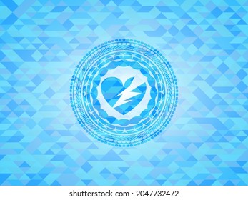 broken heart icon inside sky blue emblem with mosaic background. 