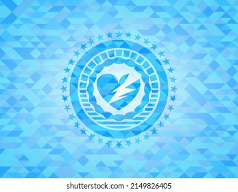broken heart icon inside sky blue emblem with triangle mosaic background. 