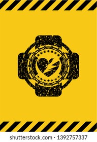 broken heart icon inside warning sign, black grunge emblem. Vector Illustration. Detailed.