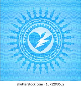 broken heart icon inside water concept badge background.