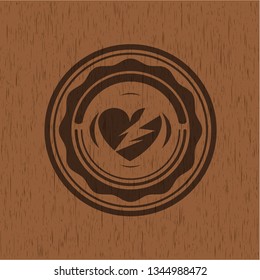 broken heart icon inside wooden emblem. Vintage.