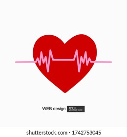 Línea de icono del corazón roto y estilo plano. Ilustración de una línea de pulso. Cardiograma y corazón rojos rotos. Para la web, sitio médico.