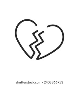 Broken Heart Icon - Linear Vector Pictogram for Divorce, Sad Emotions and Grief, Love Loss.