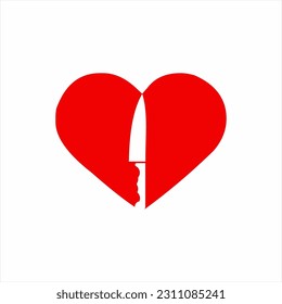 Broken heart icon logo design. Illustration of a heart with a knife.