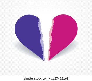 Broken heart icon lonely and missing mate lover girlfriend, divorce breakup and loneliness vector concept symbol, stylish illustration of broken relations.