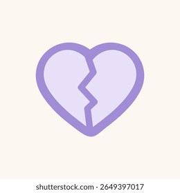 Ícone de coração partido em contorno roxo minimalista - símbolo emocional da Geração Z para desgosto, tristeza, amor perdido, drama de relacionamento e reações nas mídias sociais