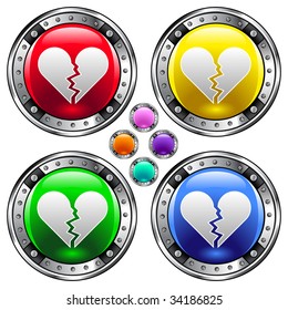 Broken heart icon on round colorful vector buttons suitable for use on websites, in print materials or in advertisements.  Set include red, yellow, green, and blue versions.