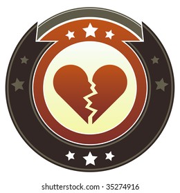 Broken heart icon on round red and brown imperial vector button with star accents suitable for use on website, in print and promotional materials, and for advertising.