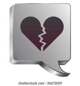 Broken heart icon on stainless steel modern industrial voice bubble icon suitable for use as a website accent, on promotional materials, or in advertisements.