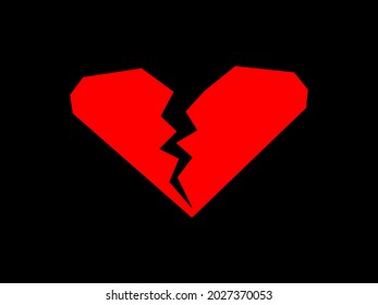 Broken heart icon, red heart illustration, isolated on black background, vector minimalist graphic 