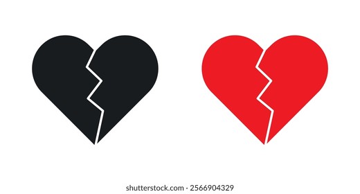 Broken heart icon set in black and colored