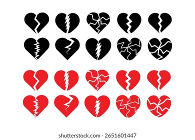 Broken heart icon set in black and red. Cracked love heart symbols for heartbreak, emotional pain, and sad relationship themes.