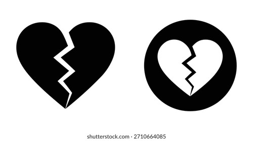 Icono de corazón roto en estilo de silueta negra audaz con dos símbolos de corazón agrietados, ideal para expresar tristeza, desamor, dolor emocional, problemas de relación, dolor y pérdida en los diseños