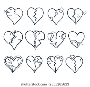 Broken heart icon set. Hand-drawn doodle cracked hearts grunge shapes, flame. Valentine Day breakup tattoo. Broken heart outlined silhouette for stickers, design, tattoo.