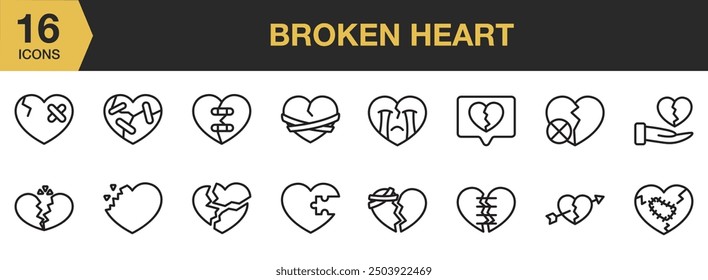 Broken Heart icon set. Includes heart, broken, cry, arrow heart, bubble heart, and More. Outline icons vector collection.