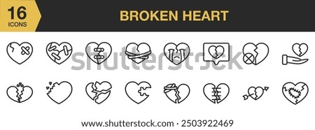 Broken Heart icon set. Includes heart, broken, cry, arrow heart, bubble heart, and More. Outline icons vector collection.