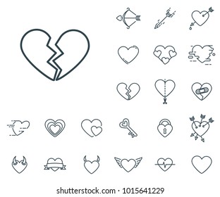 Broken heart icon in set on the white background. Set of thin, linear and modern hearts icons. Universal linear icons to use in web and mobile app.