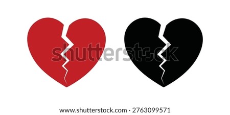 Broken Heart Icon Set – Red and Black Split Heart Silhouettes for Emotional Loss, Relationship Breakup, and Sadness Concepts