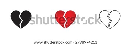 Broken heart icon set. Separation, emotional breakup, sadness, and unrequited love vector icons in flat, glyph, and line art styles. Isolated element on white background.