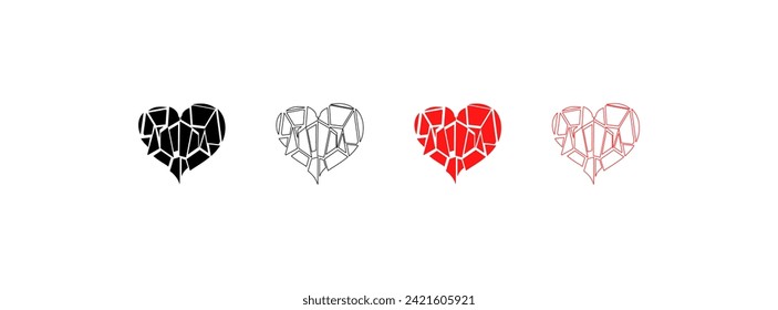 Broken heart icon set. Silhouette, linear and flat style. Vector icons