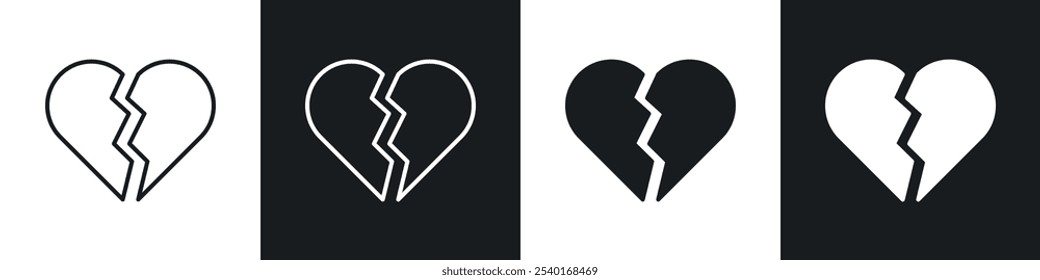 Broken heart icon set. Vector symbols in black and white colors.