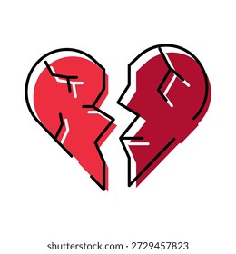 Broken heart icon showing two cracked halves separating, representing heartbreak, emotional pain, failed relationships, loss, divorce, and separation concepts