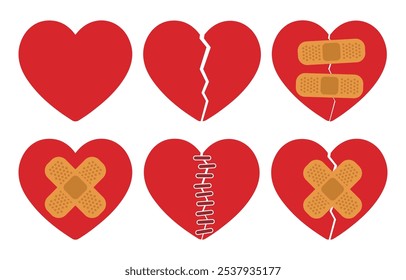 Broken heart icon symbol. Heart with medical patch logo sign. Red heart shape. Vector illustration image. Isolated on white background.