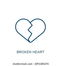 broken heart icon. Thin linear broken heart outline icon isolated on white background. Line vector broken heart sign, symbol for web and mobile