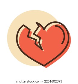 Broken heart icon. Valentines day symbol. Vector illustration, romance elements. Sticker, patch, badge, card for marriage, wedding