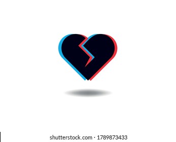 Broken Heart Icon Vector illustration. Perfect Hearts Love symbol. Valentine's Day sign, emblem isolated on white with shadow, Flat style for graphic and web design, logo. EPS10 black pictogram.