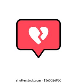 Broken heart icon. White broken heart on the red message window. Like icon