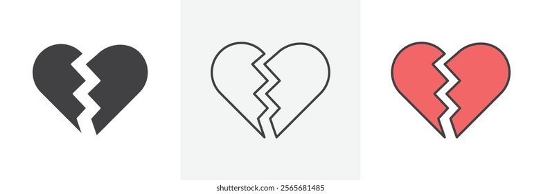 Broken heart icons in black and colored versions