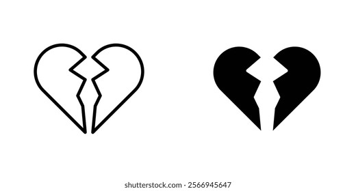 Broken heart icons. black and white vector set.