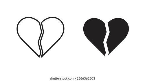 Broken heart icons in line stroke and flat versions