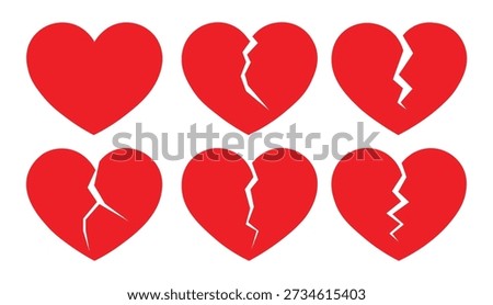 Broken Heart Icons Set – Red Heart Break, Sad Love, Emotional Symbol Vector