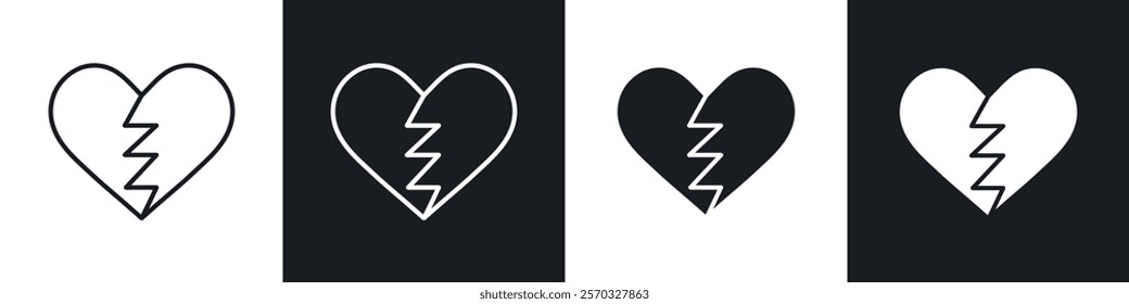 Broken heart icons vectors set in black. line and flat versions