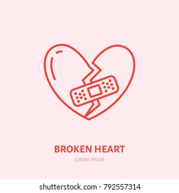 Broken heart illustration. Heartbreak flat line icon, relationship problem. Break up sign.