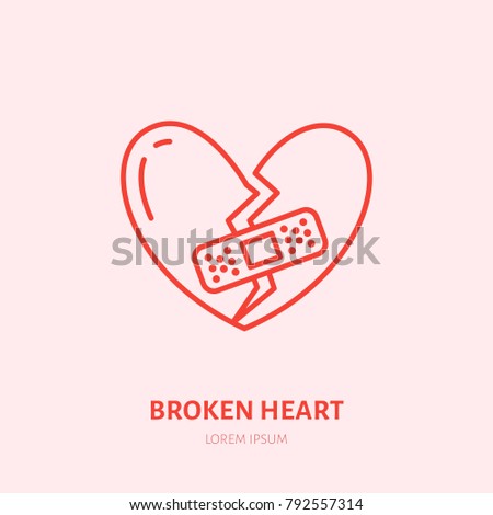 Broken heart illustration. Heartbreak flat line icon, relationship problem. Break up sign.