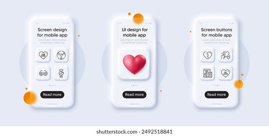 Broken heart, Inclusion and Social media line icons pack. 3d phone mockups with heart. Glass smartphone screen. Hold heart, For ever, My love web icon. Friend, Love glasses pictogram. Vector