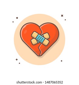 Broken Heart with Injury Tape Plaster Vector Icon Illustration. Cracked Red Love Healing Concept White Isolated. Flat Cartoon Style Suitable for Web Landing Page, Banner, Flyer,