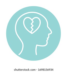 broken heart inside human head block style icon design, Mental health mind science intelligence idea medical and education theme Vector illustration