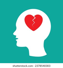 broken heart inside human head line style icon design, Mental health mind science intelligence idea medical and education theme Vector illustration