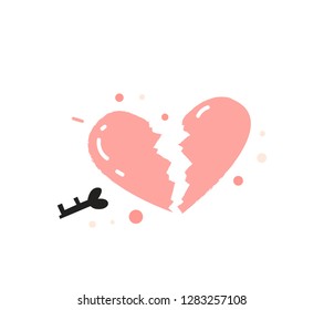 Broken heart with the key icon. Vector illustration. For greeting card, invitation, poster, packaging
