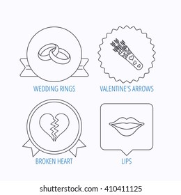 Broken heart, kiss and wedding rings icons. Valentine amour arrows linear sign. Award medal, star label and speech bubble designs. Vector