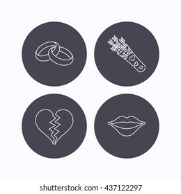 Broken heart, kiss and wedding rings icons. Valentine amour arrows linear sign. Flat icons in circle buttons on white background. Vector