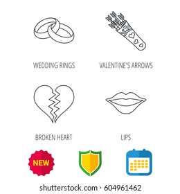 Broken heart, kiss and wedding rings icons. Valentine amour arrows linear sign. Shield protection, calendar and new tag web icons. Vector