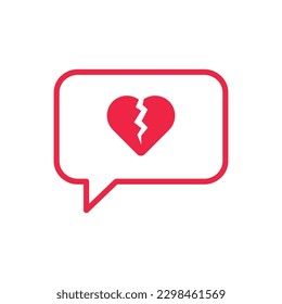 broken heart like thin red instant message. concept of split in relationship and unloved or loveless message. linear flat style trend modern simple unlike app logotype graphic design isolated on white