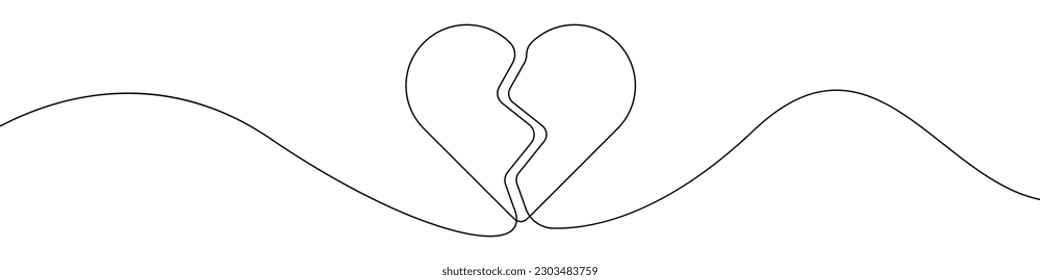 A broken heart line continuous drawing vector. One line A broken heart vector background. A broken heart icon. Continuous outline of A broken heart. A brokens hearts linear design.